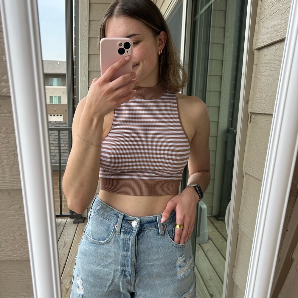 Bozzolo Brown and Tan Fitted Crop Tank Top